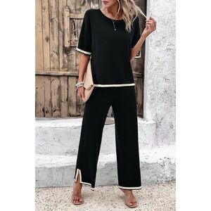 Two Pieces Outfits Knit Short Sleeve Wide Leg Lounge Sets